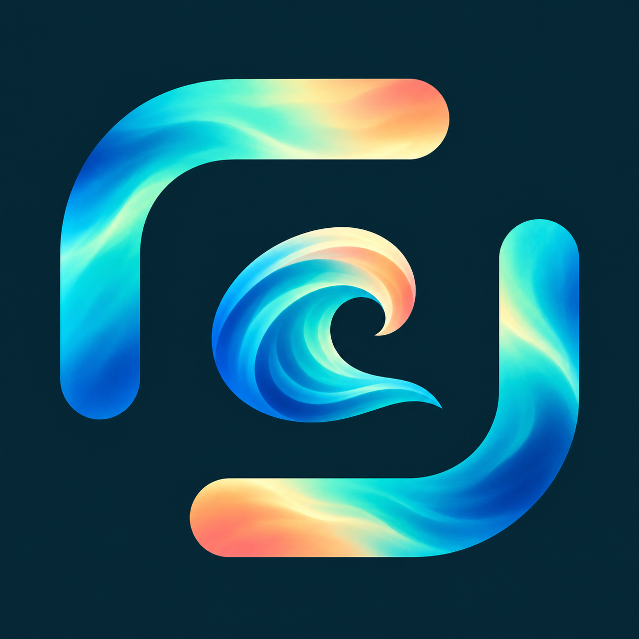 Neartide’s approved open-arm mark surrounding a curling wave, in turquoise, ocean blue and sunset colors.